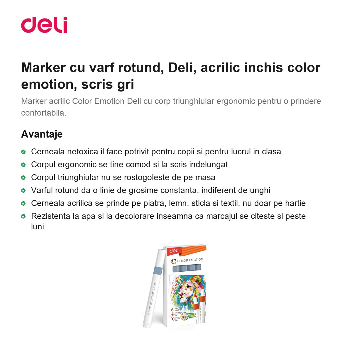 Marker cu varf rotund, Deli, acrilic inchis color emotion, scris gri [2]