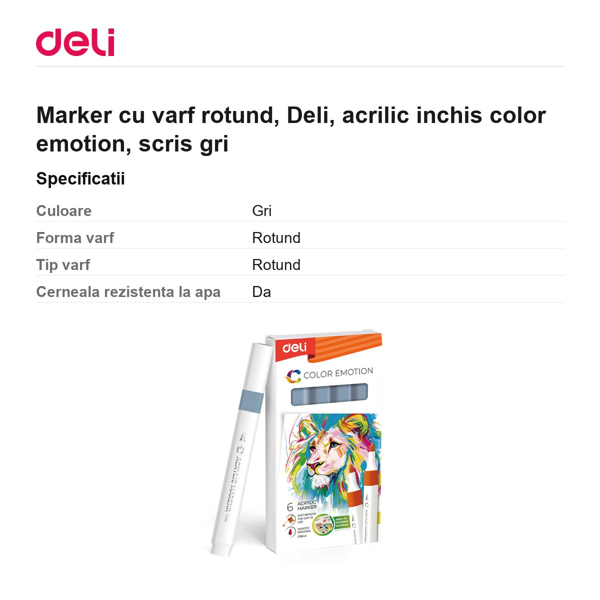 Marker cu varf rotund, Deli, acrilic inchis color emotion, scris gri [3]