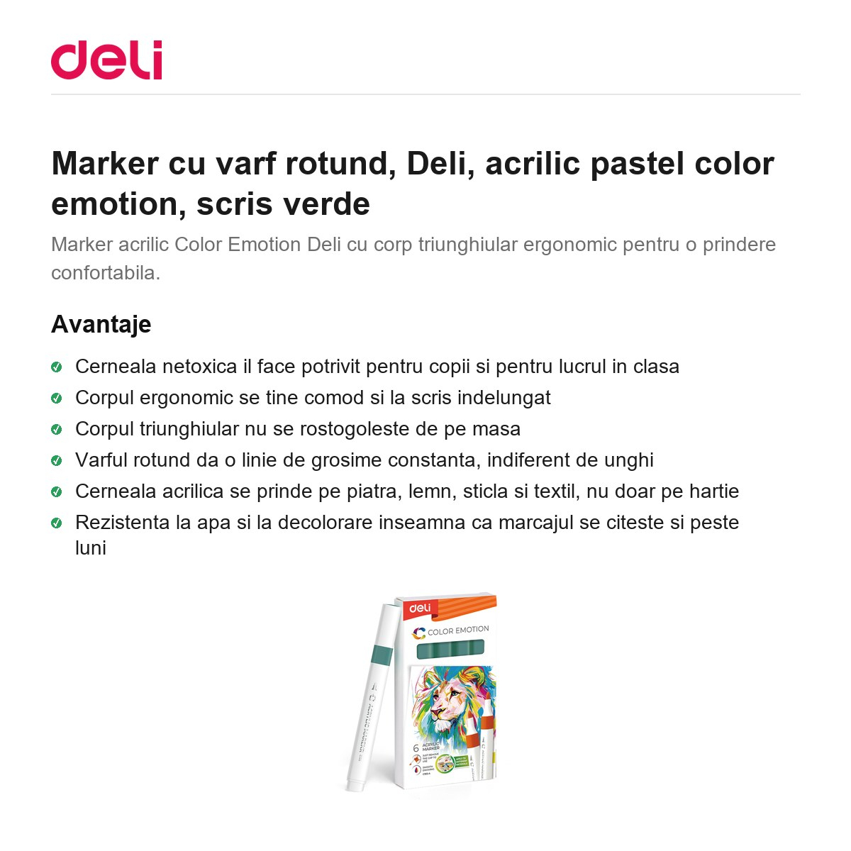Marker cu varf rotund, Deli, acrilic pastel color emotion, scris verde [2]