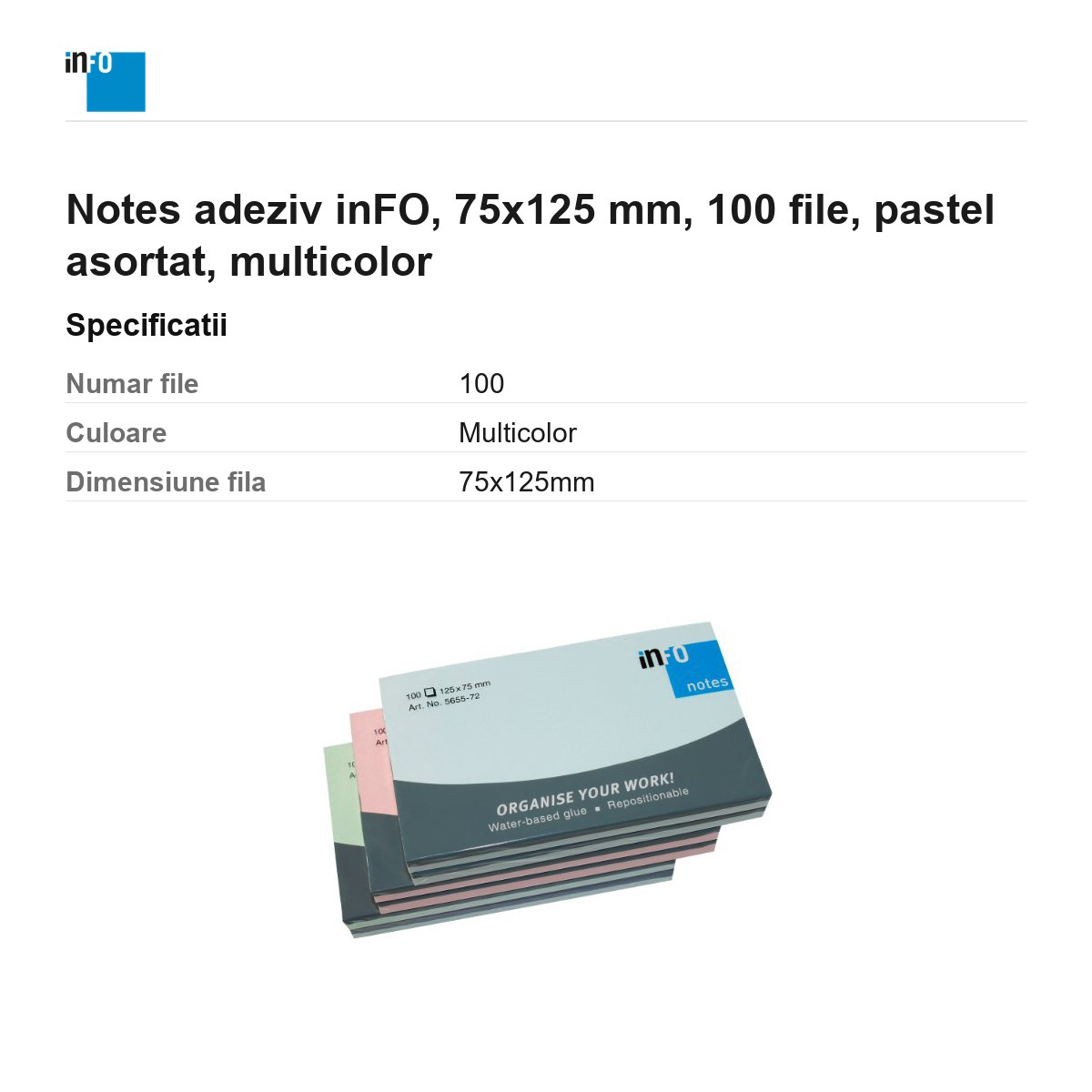 Notes adeziv inFO, 75x125 mm, 100 file, pastel asortat, multicolor [3]