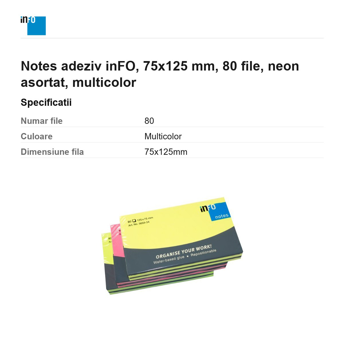 Notes adeziv inFO, 75x125 mm, 80 file, neon asortat, multicolor [3]