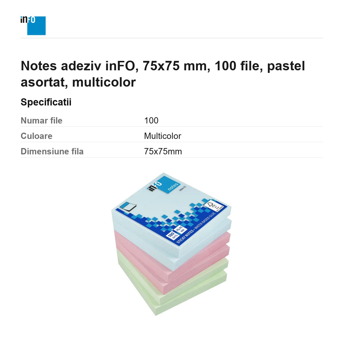 Notes adeziv inFO, 75x75 mm, 100 file, pastel asortat, multicolor [3]