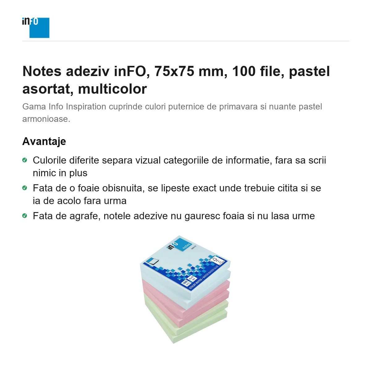 Notes adeziv inFO, 75x75 mm, 100 file, pastel asortat, multicolor [2]