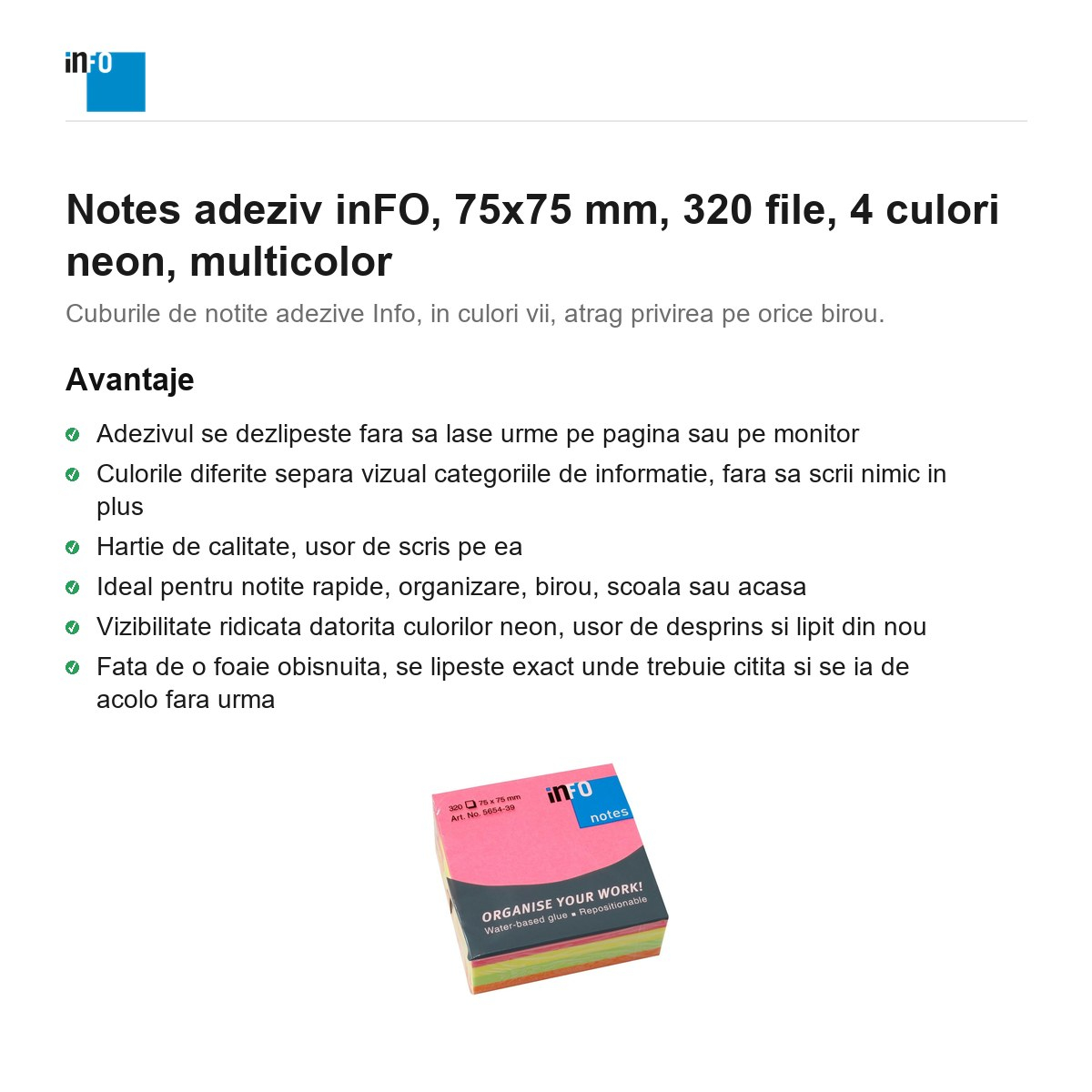 Notes adeziv inFO, 75x75 mm, 320 file, 4 culori neon, multicolor [2]