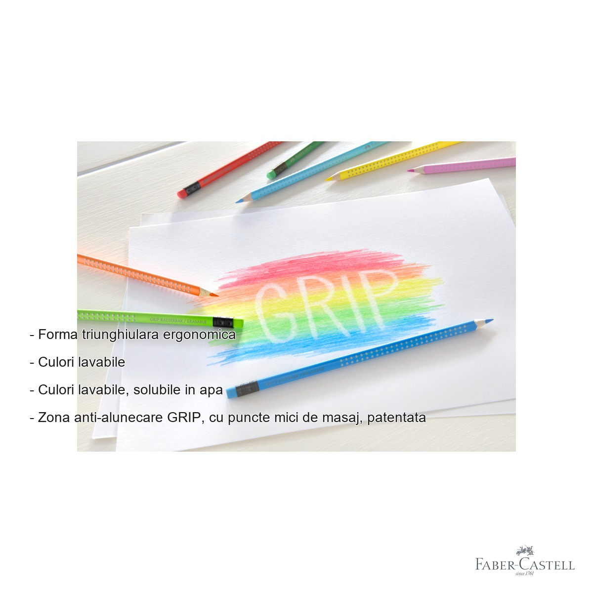 Creioane colorate Faber-Castell Grip 2001 set 10 culori cu radiera, forma ergonomica triunghiulara [2]