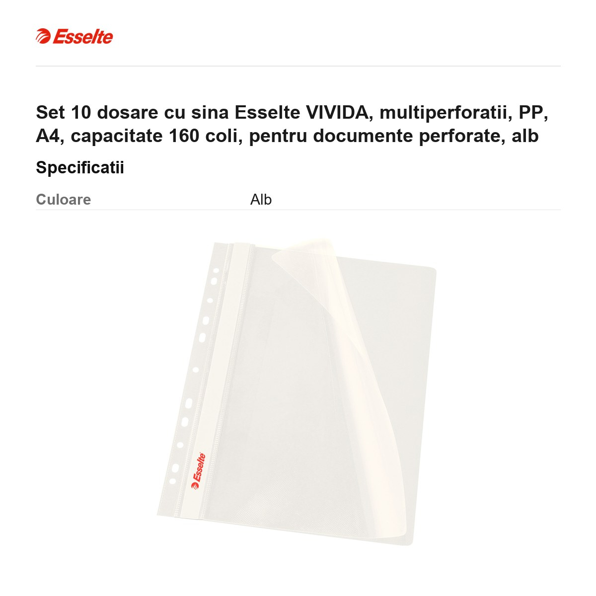 Set 10 dosare cu sina Esselte VIVIDA, multiperforatii, PP, A4, capacitate 160 coli, pentru documente perforate, alb [3]