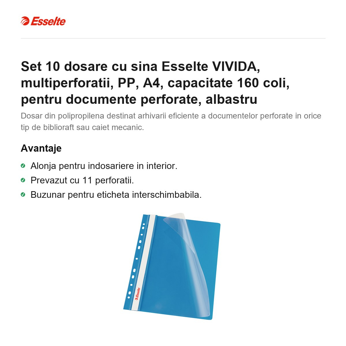 Set 10 dosare cu sina Esselte VIVIDA, multiperforatii, PP, A4, capacitate 160 coli, pentru documente perforate, albastru [2]