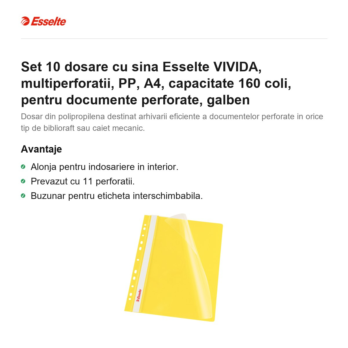 Set 10 dosare cu sina Esselte VIVIDA, multiperforatii, PP, A4, capacitate 160 coli, pentru documente perforate, galben [2]