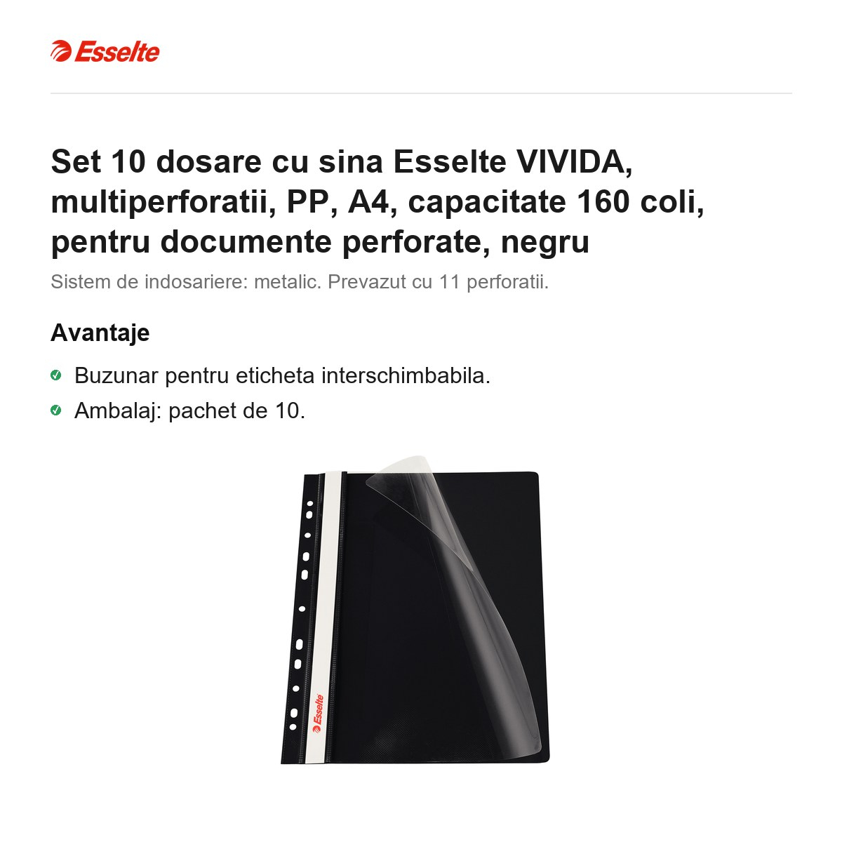 Set 10 dosare cu sina Esselte VIVIDA, multiperforatii, PP, A4, capacitate 160 coli, pentru documente perforate, negru [2]