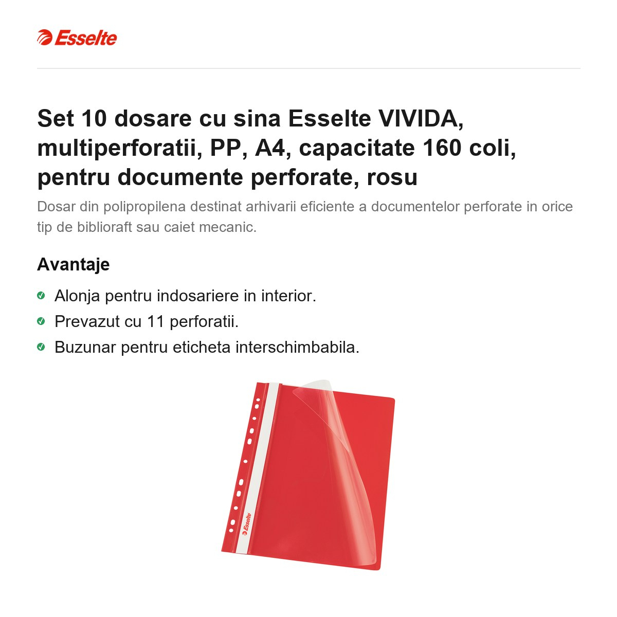 Set 10 dosare cu sina Esselte VIVIDA, multiperforatii, PP, A4, capacitate 160 coli, pentru documente perforate, rosu [2]
