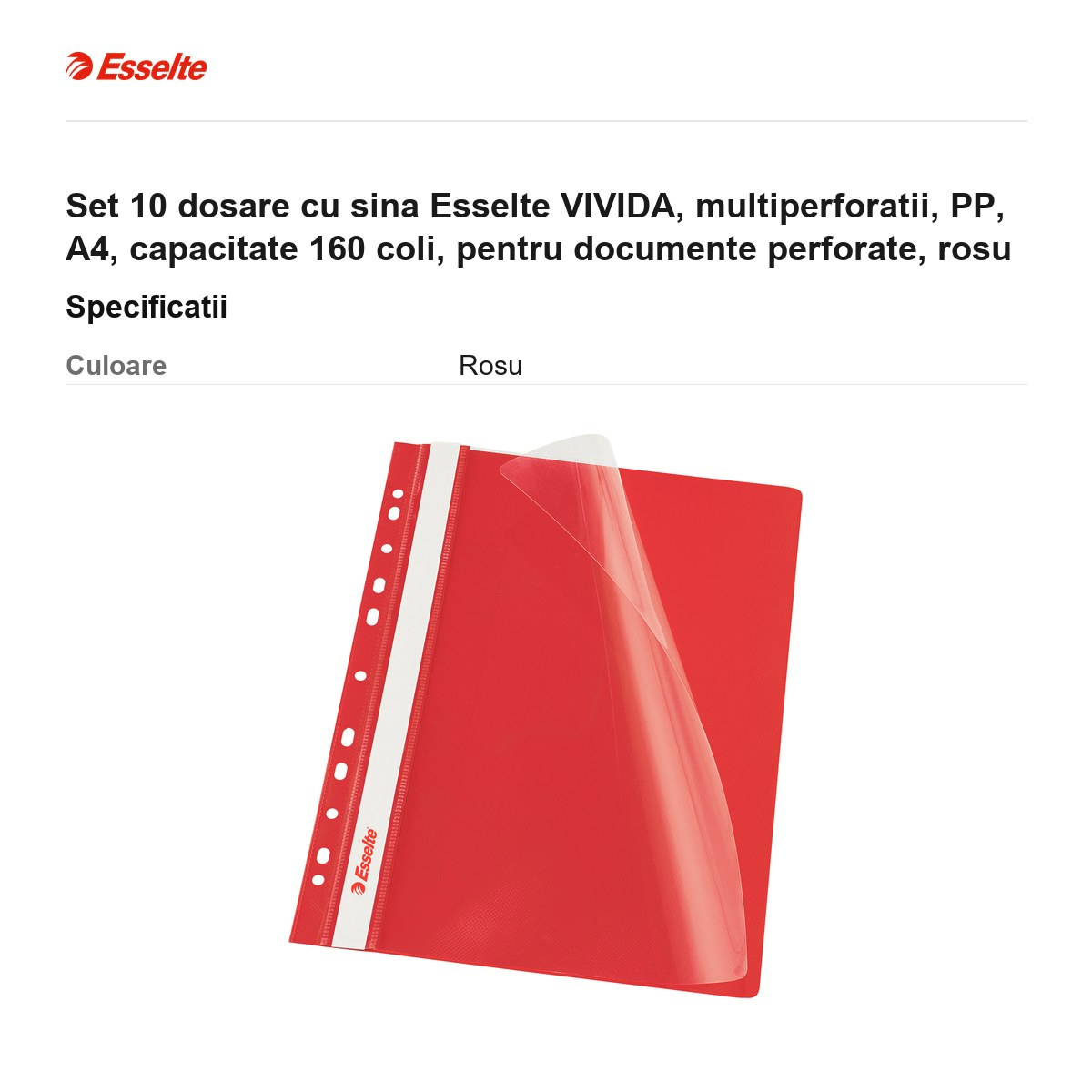 Set 10 dosare cu sina Esselte VIVIDA, multiperforatii, PP, A4, capacitate 160 coli, pentru documente perforate, rosu [3]