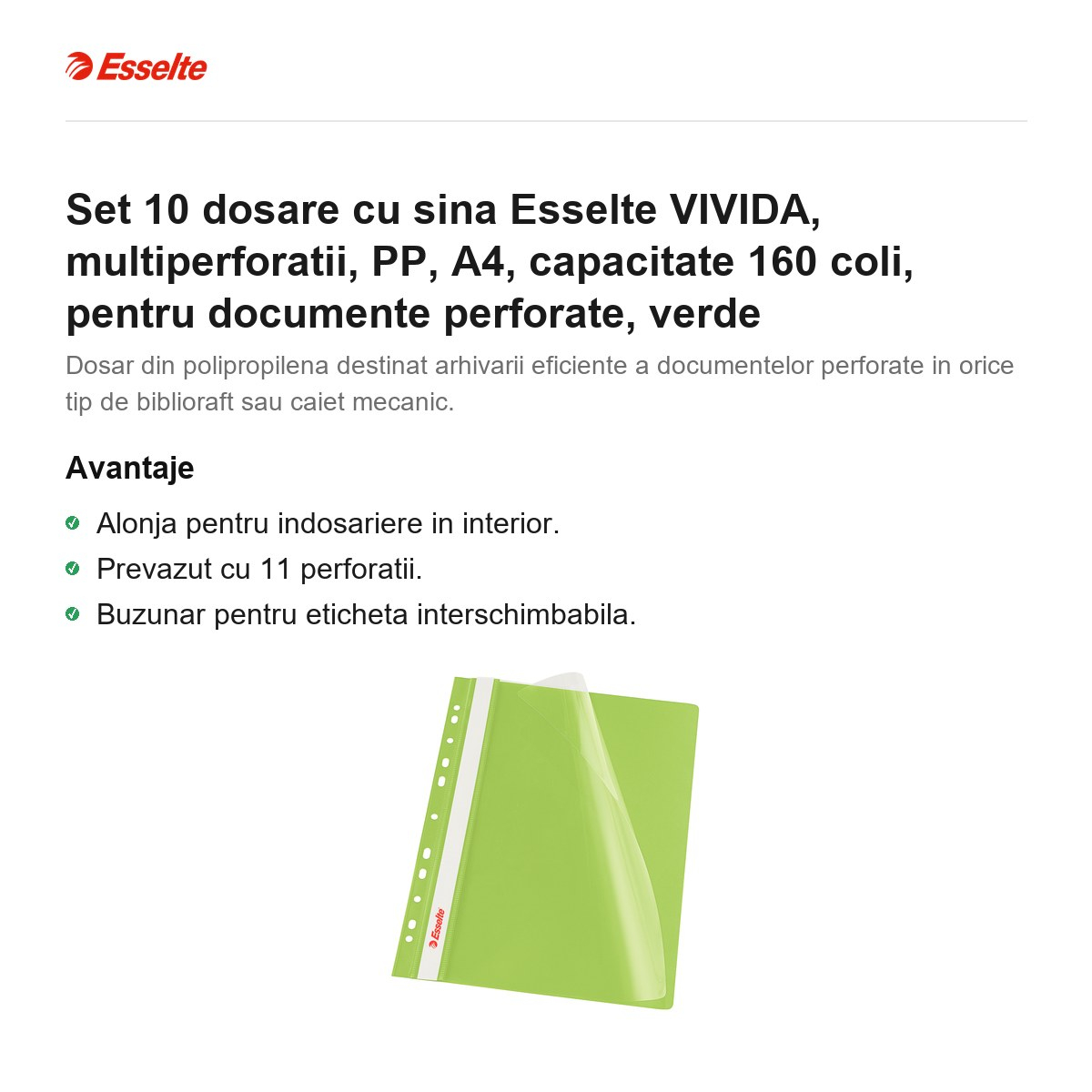 Set 10 dosare cu sina Esselte VIVIDA, multiperforatii, PP, A4, capacitate 160 coli, pentru documente perforate, verde [2]