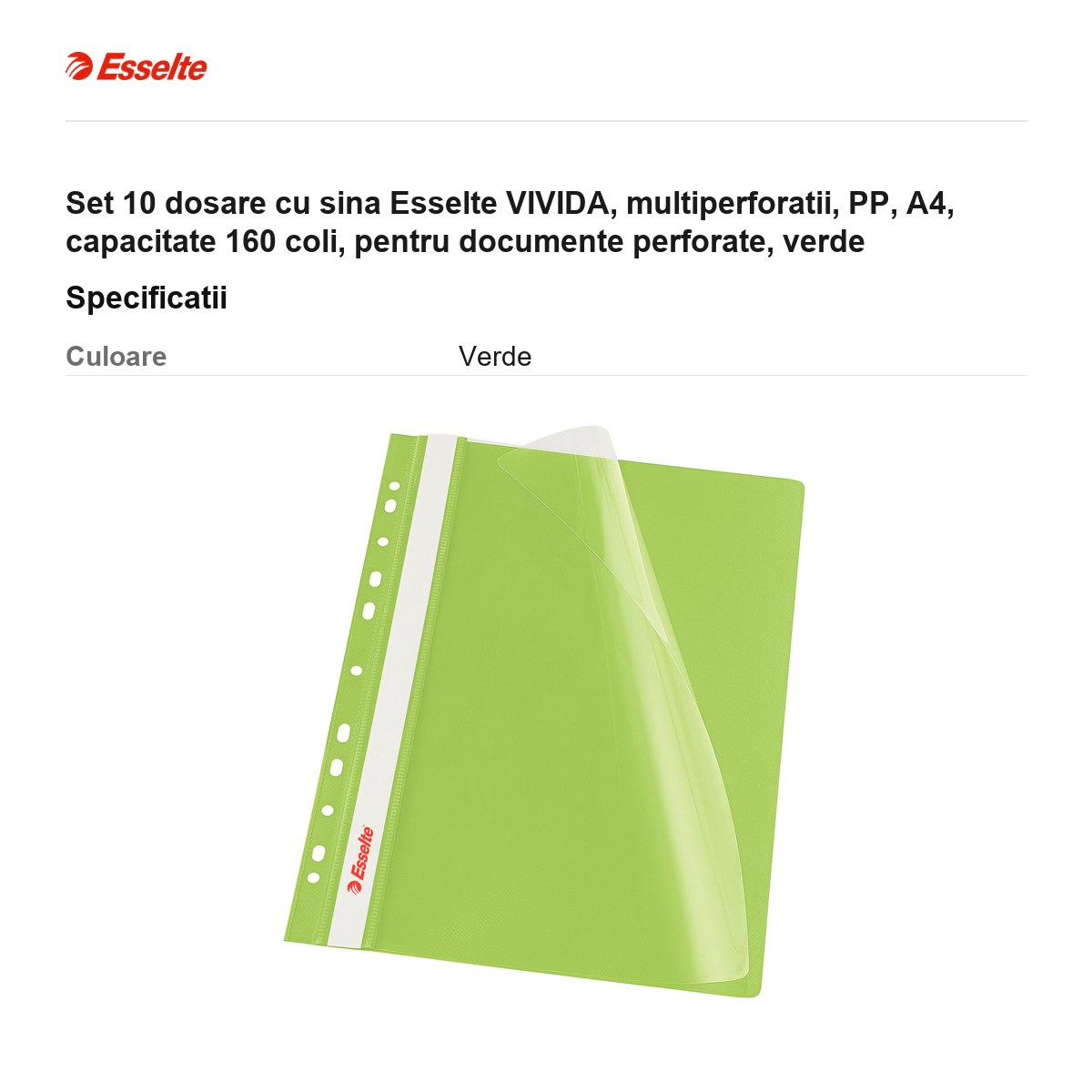 Set 10 dosare cu sina Esselte VIVIDA, multiperforatii, PP, A4, capacitate 160 coli, pentru documente perforate, verde [3]