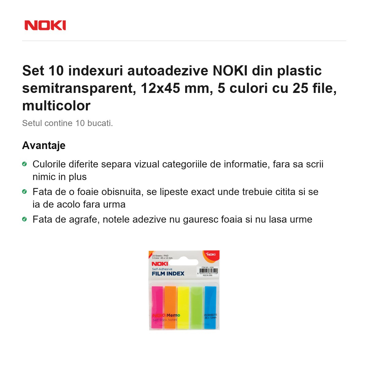 Set 10 indexuri autoadezive NOKI din plastic semitransparent, 12x45 mm, 5 culori cu 25 file, multicolor [2]