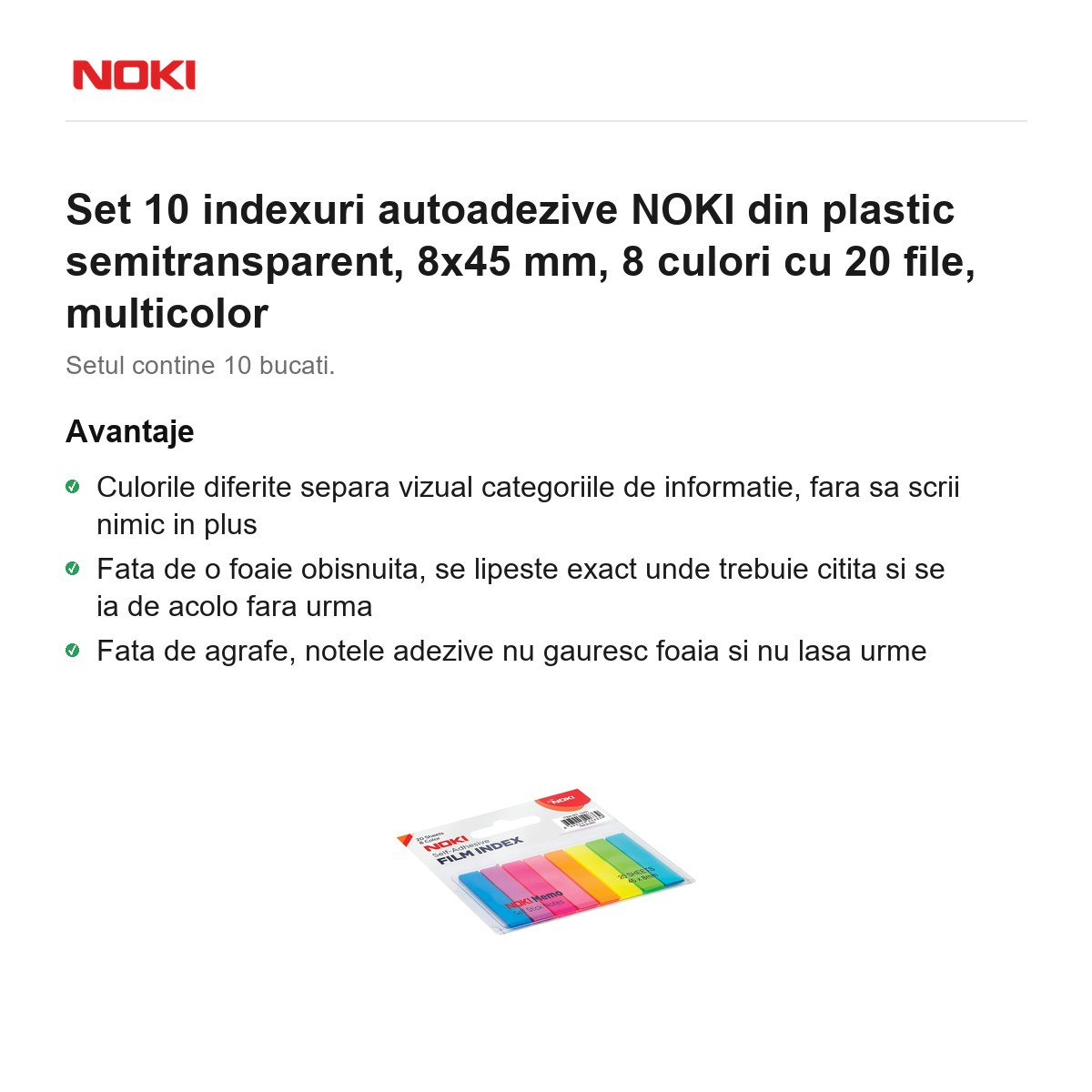 Set 10 indexuri autoadezive NOKI din plastic semitransparent, 8x45 mm, 8 culori cu 20 file, multicolor [2]