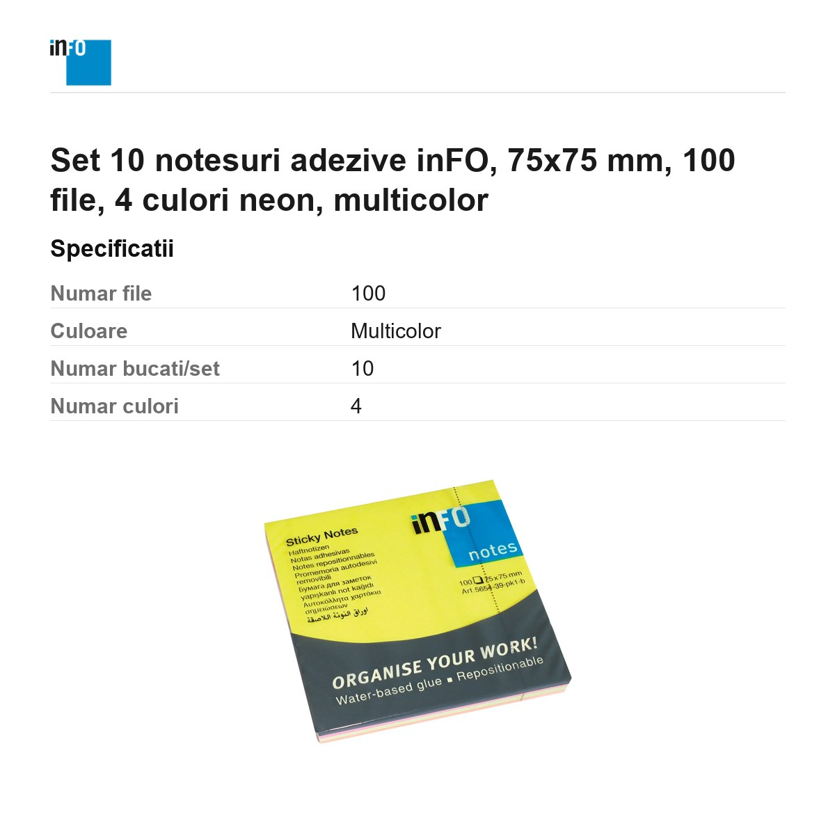 Set 10 notesuri adezive inFO, 75x75 mm, 100 file, 4 culori neon, multicolor [3]