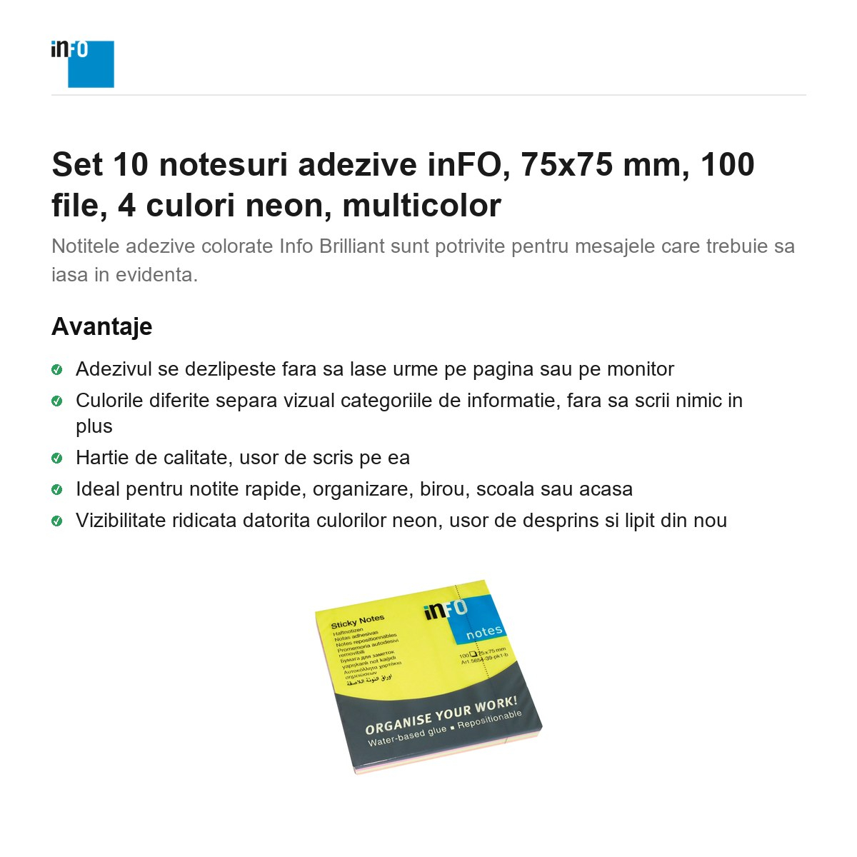 Set 10 notesuri adezive inFO, 75x75 mm, 100 file, 4 culori neon, multicolor [2]