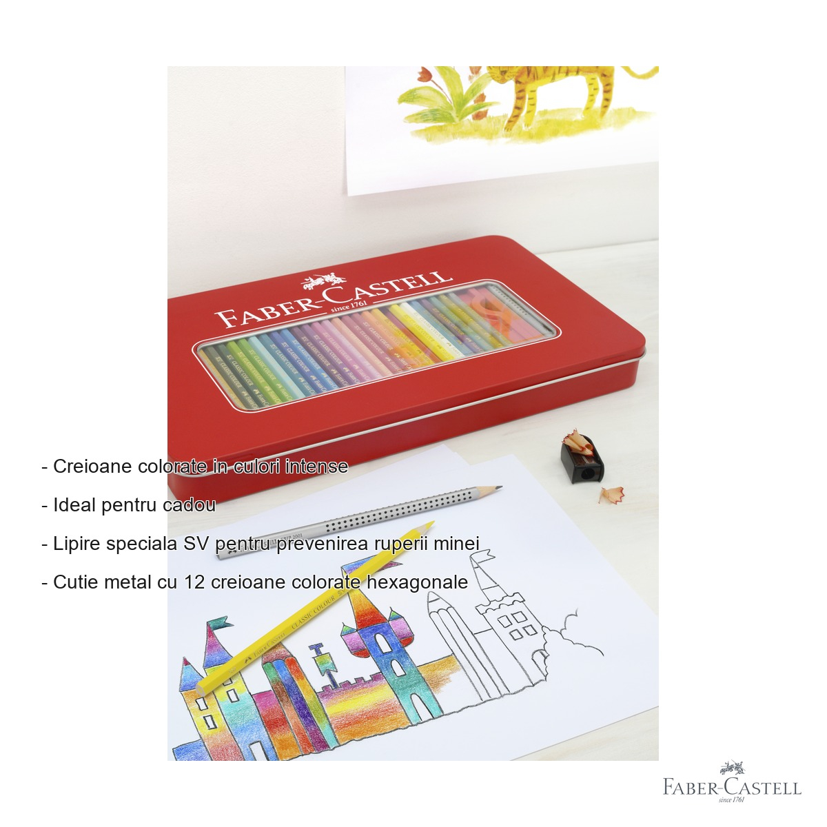 Set 12 creioane colorate Faber-Castell, cutie metalica cu fereastra, culori stralucitoare pentru desen si scoala [2]