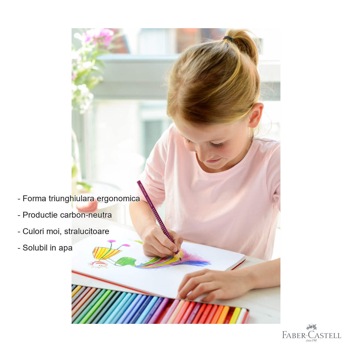 Set 12 creioane colorate Faber-Castell Grip 2001, forma triunghiulara ergonomica, solubile in apa, cutie metal [2]