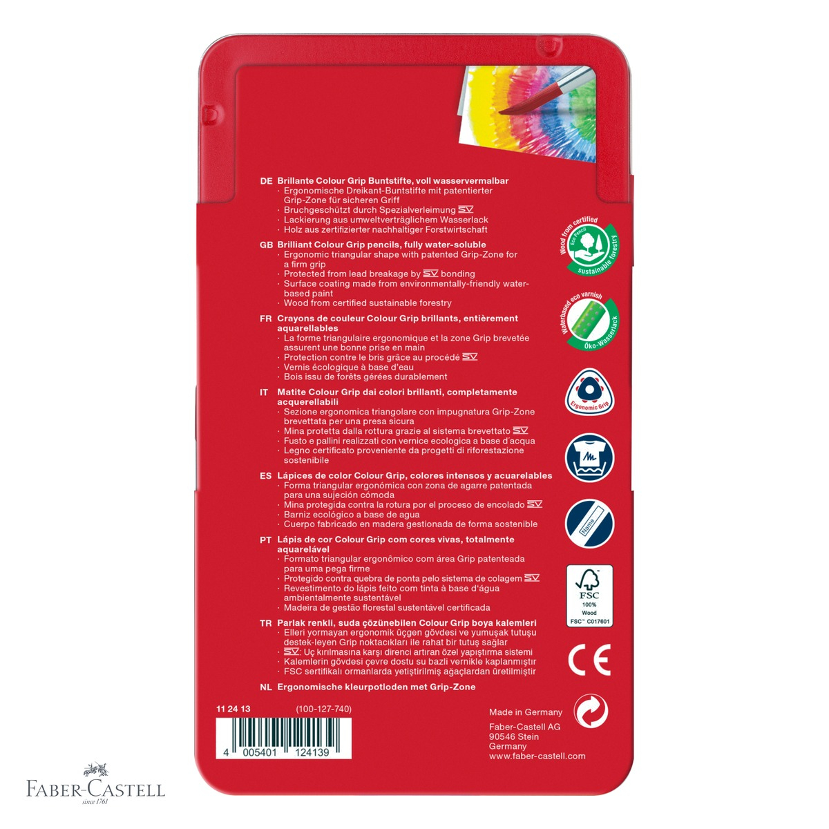 Set 12 creioane colorate Faber-Castell Grip 2001, forma triunghiulara ergonomica, solubile in apa, cutie metal [4]