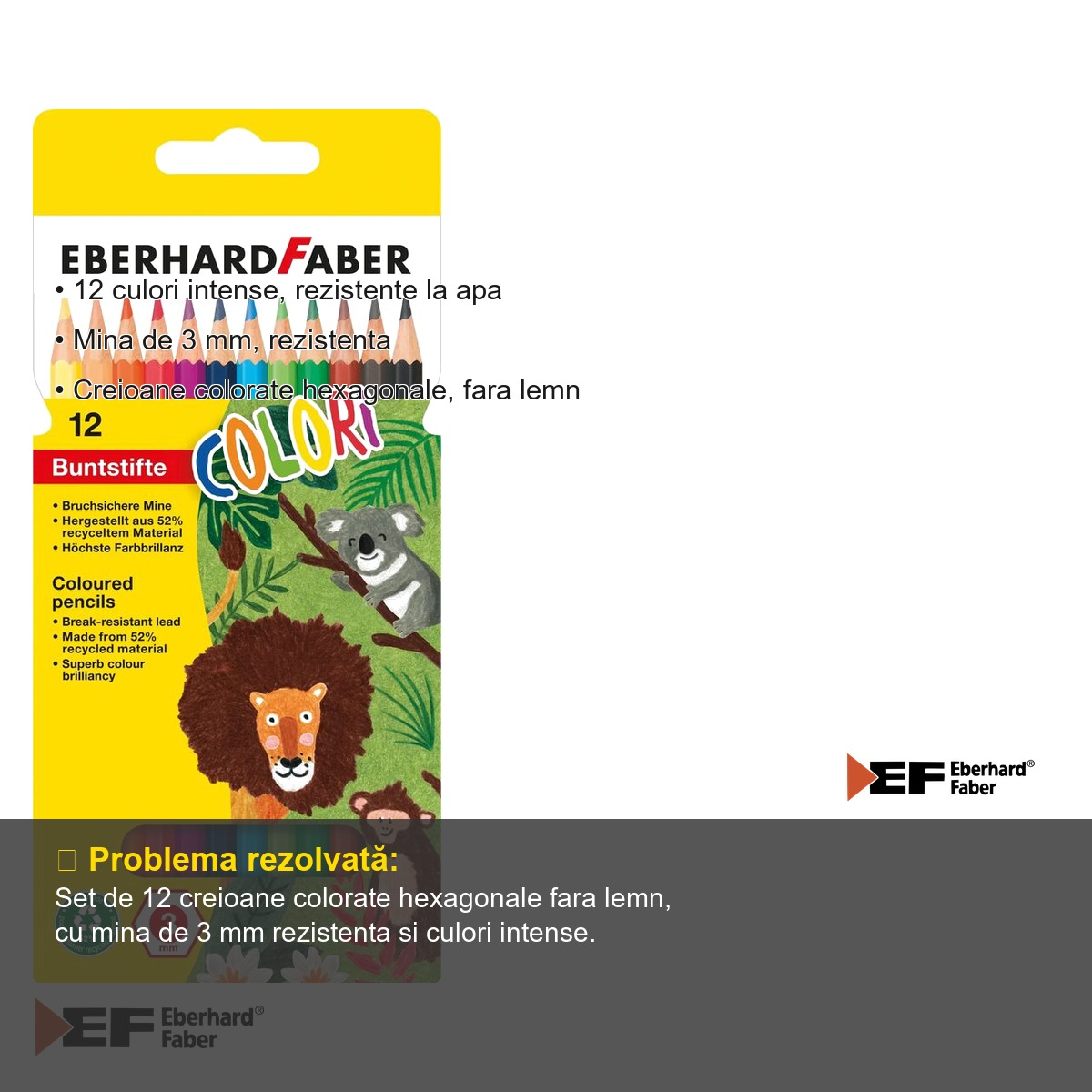 Set 12 creioane colorate fara lemn Eberhard Faber, forma hexagonala, culori intense rezistente la apa [3]