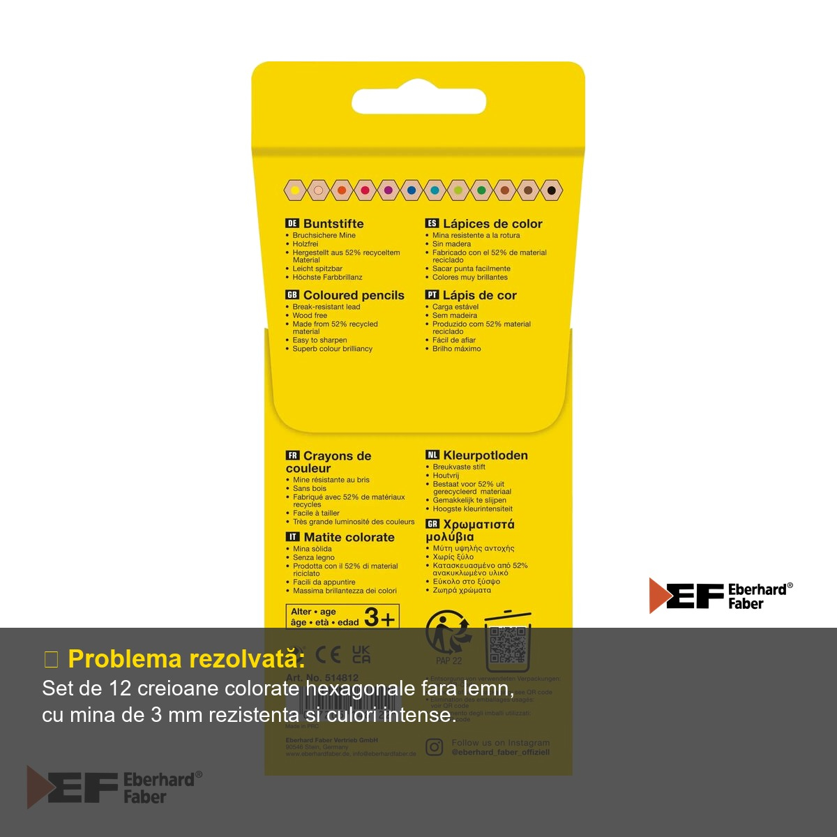 Set 12 creioane colorate fara lemn Eberhard Faber, forma hexagonala, culori intense rezistente la apa [4]