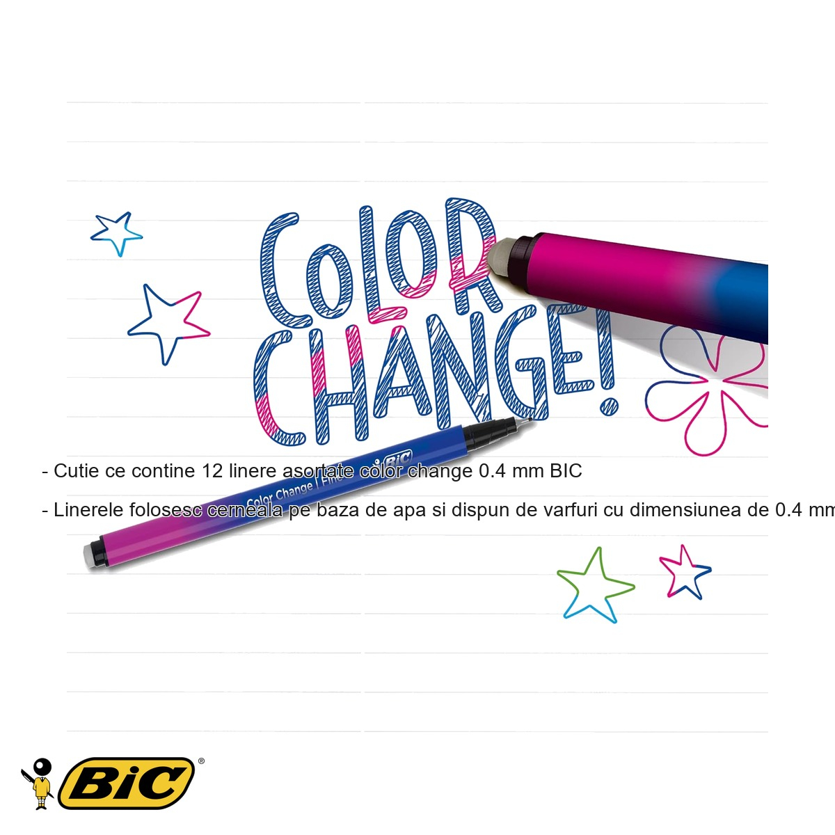 Set 12 linere Bic Color Change 0.4 mm, cerneala pe baza de apa, culori asortate, pentru notite si grafica [2]