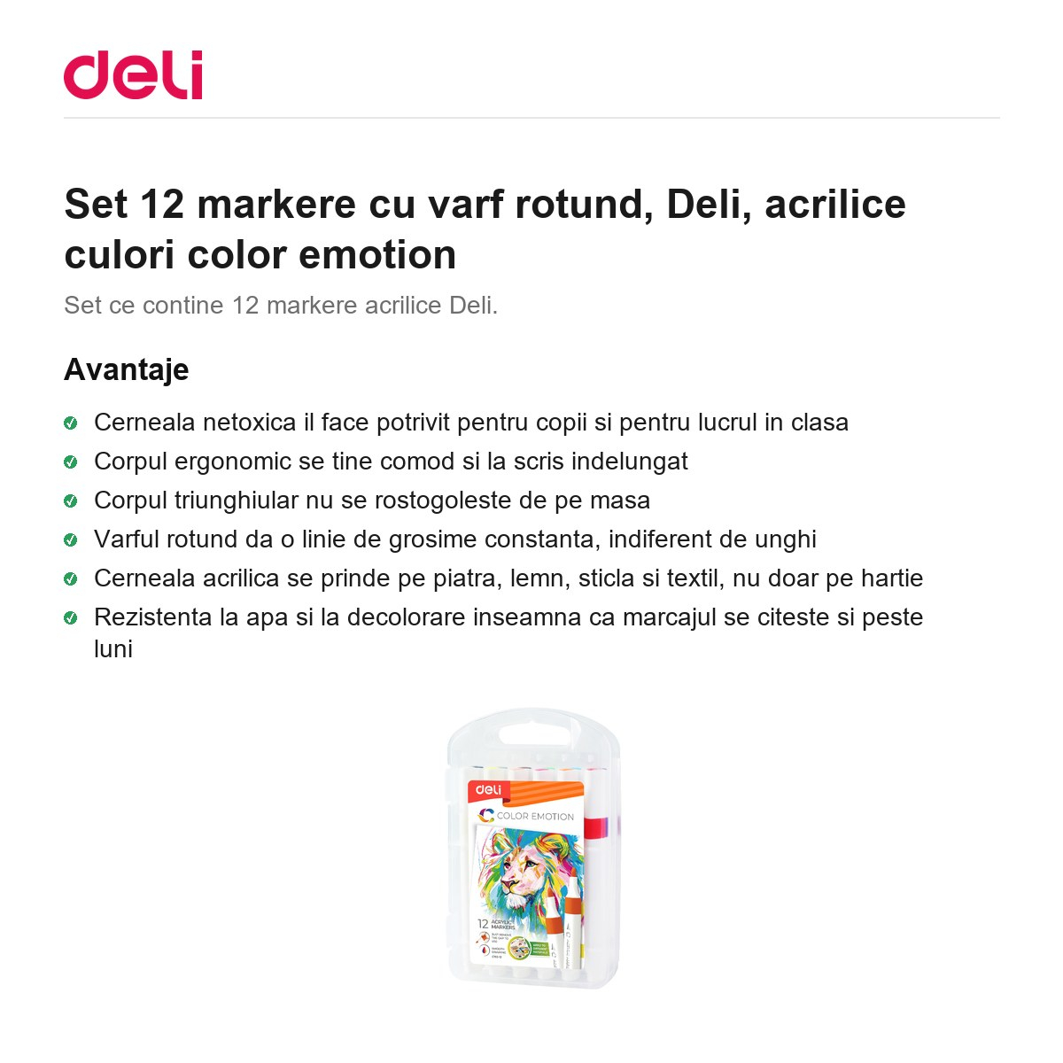 Set 12 markere cu varf rotund, Deli, acrilice culori color emotion [2]