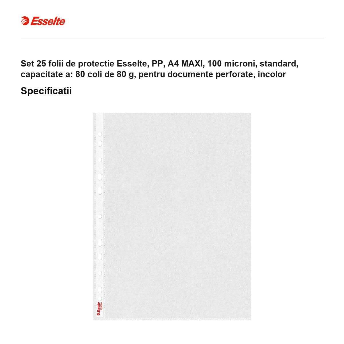 Set 25 folii de protectie Esselte, PP, A4 MAXI, 100 microni, standard, capacitate a: 80 coli de 80 g, pentru documente perforate, incolor [3]