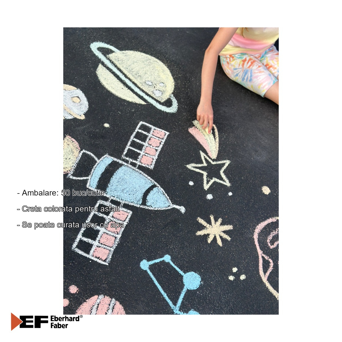 Set 50 bucati creta colorata pentru asfalt Eberhard Faber, cutie plastic, usor de curatat cu apa [2]