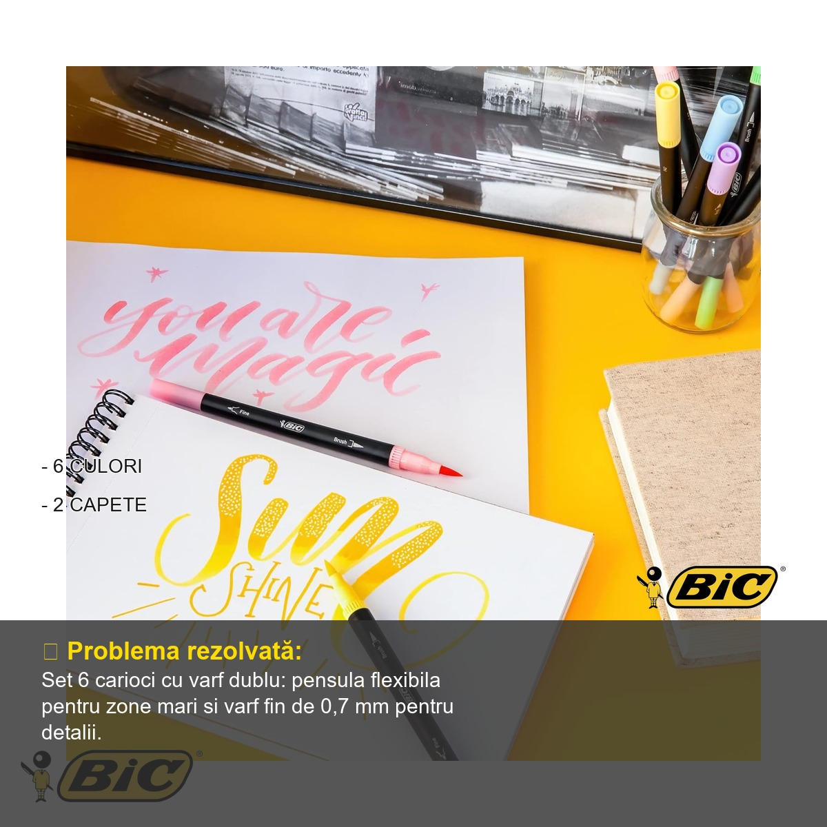 Set 6 carioci Bic Intensity Pastel, varf dublu pensula si fin, culori pastel pentru colorat si desen [2]