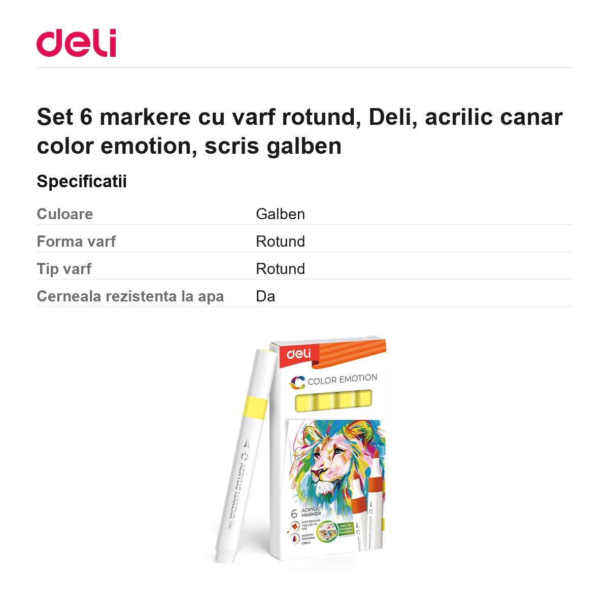 Set 6 markere cu varf rotund, Deli, acrilic canar color emotion, scris galben [3]