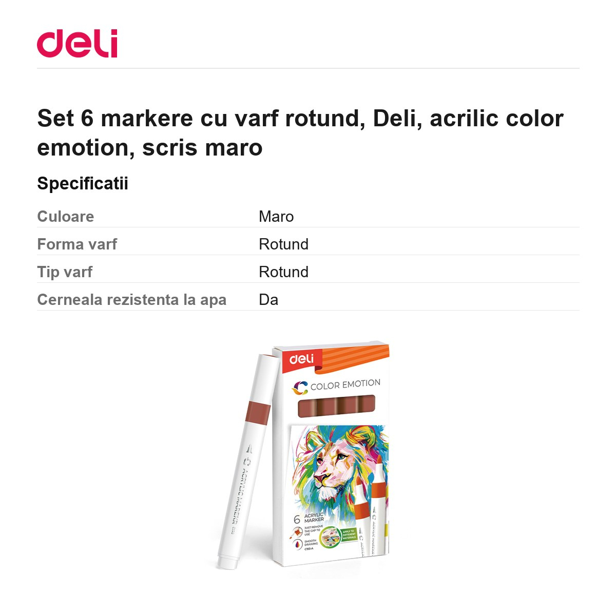 Set 6 markere cu varf rotund, Deli, acrilic color emotion, scris maro [3]
