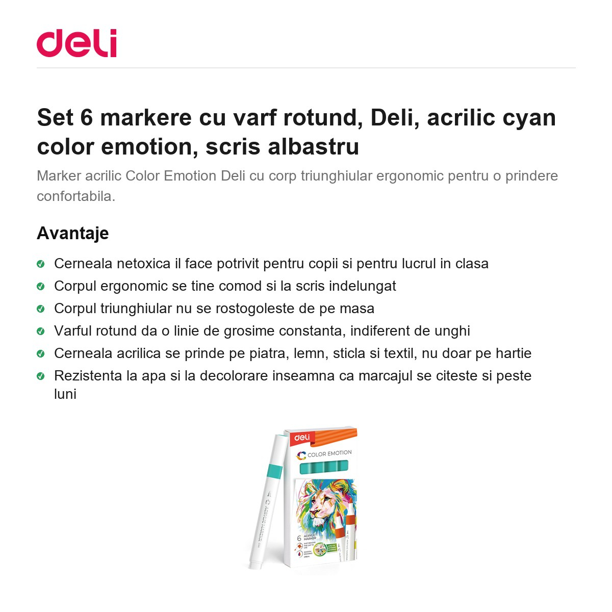 Set 6 markere cu varf rotund, Deli, acrilic cyan color emotion, scris albastru [2]