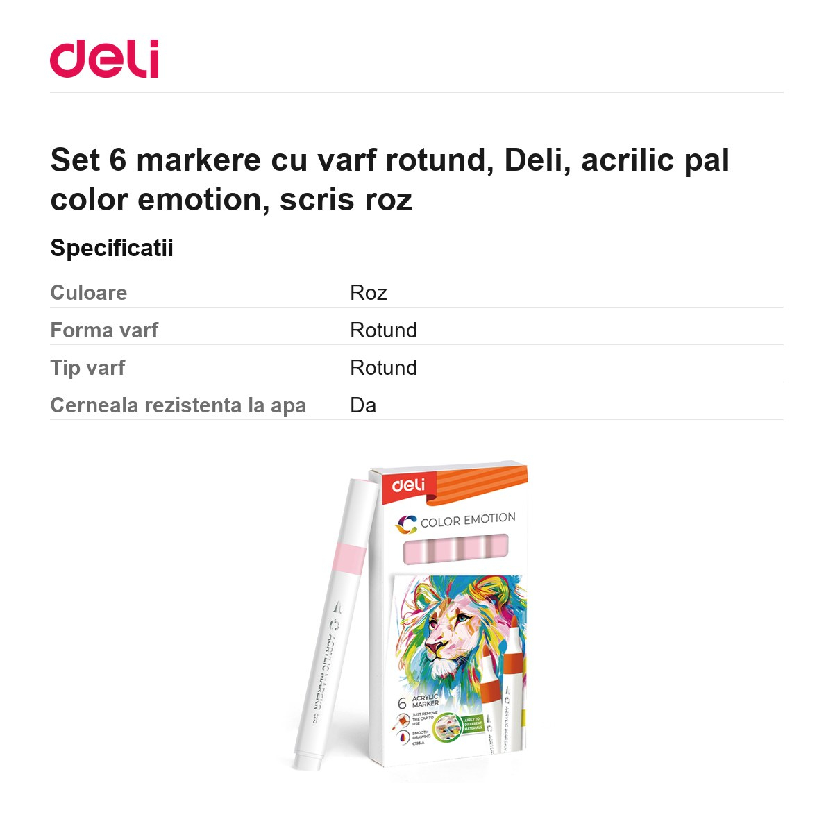 Set 6 markere cu varf rotund, Deli, acrilic pal color emotion, scris roz [3]