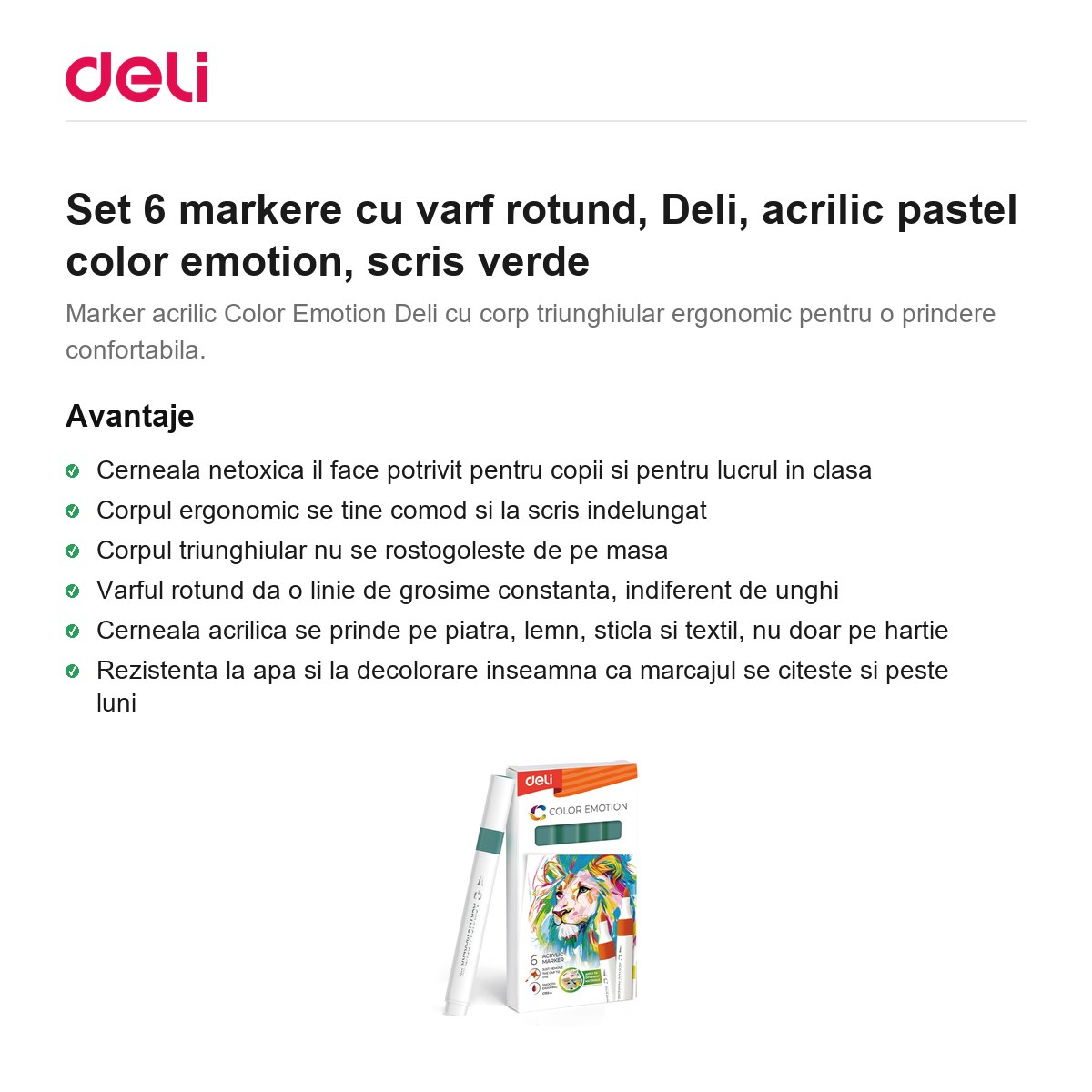 Set 6 markere cu varf rotund, Deli, acrilic pastel color emotion, scris verde [2]