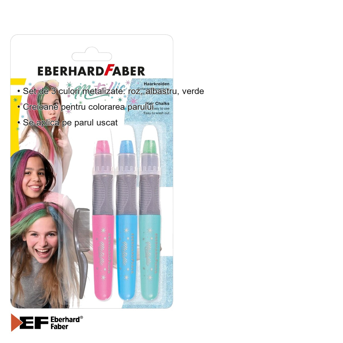 Set creioane metalizate pentru colorat par Eberhard Faber, 3 culori (roz, albastru, verde) + pieptan inclus [3]
