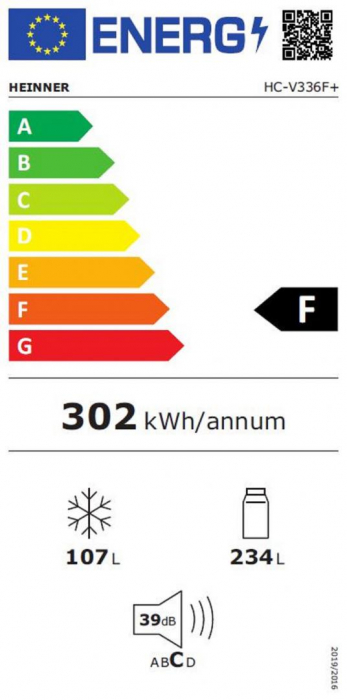 Combina frigorifica Heinner HC-V336F+, 336l(230 + 106), Clasa F, Tehnologie less frost, Iluminare LED, Control mecanic, Termostat ajustabil, H 186 cm , Alb [6]