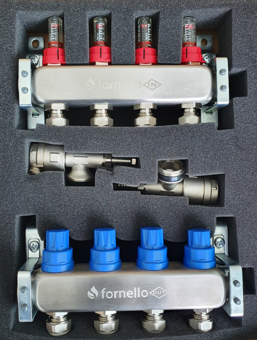 Distribuitor-Colector Fornello 4 căi, inox, 1", cu debitmetre, robineți și aerisitoare [6]