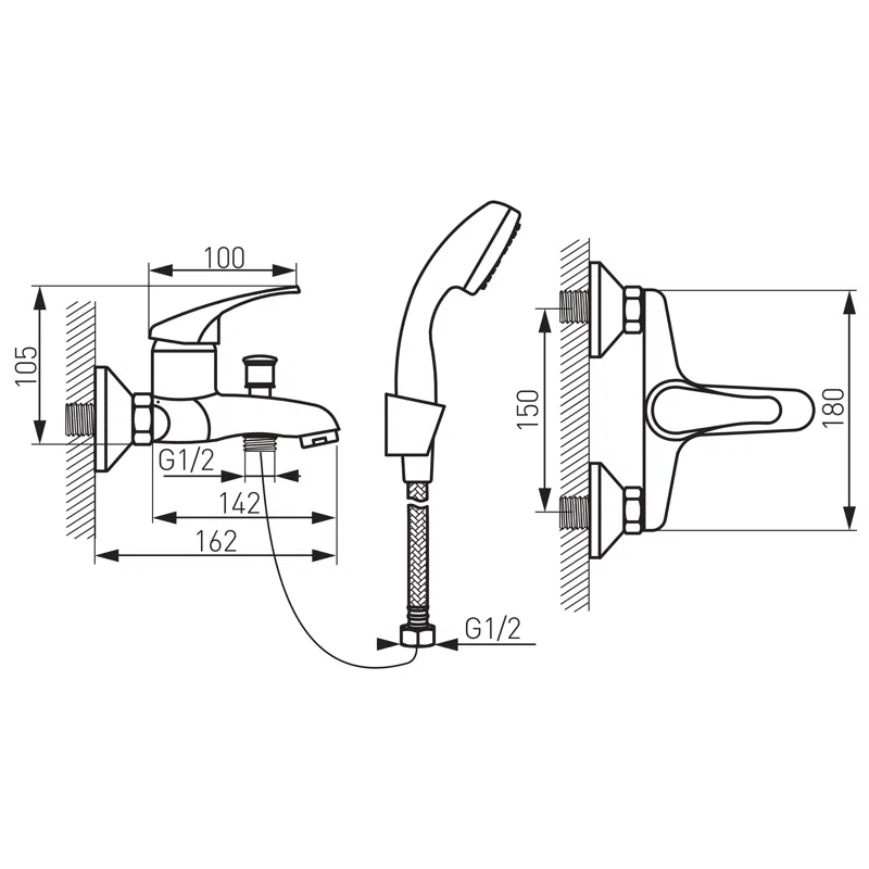 Baterie perete cada dus Basic crom cu accesorii monocomanda [2]