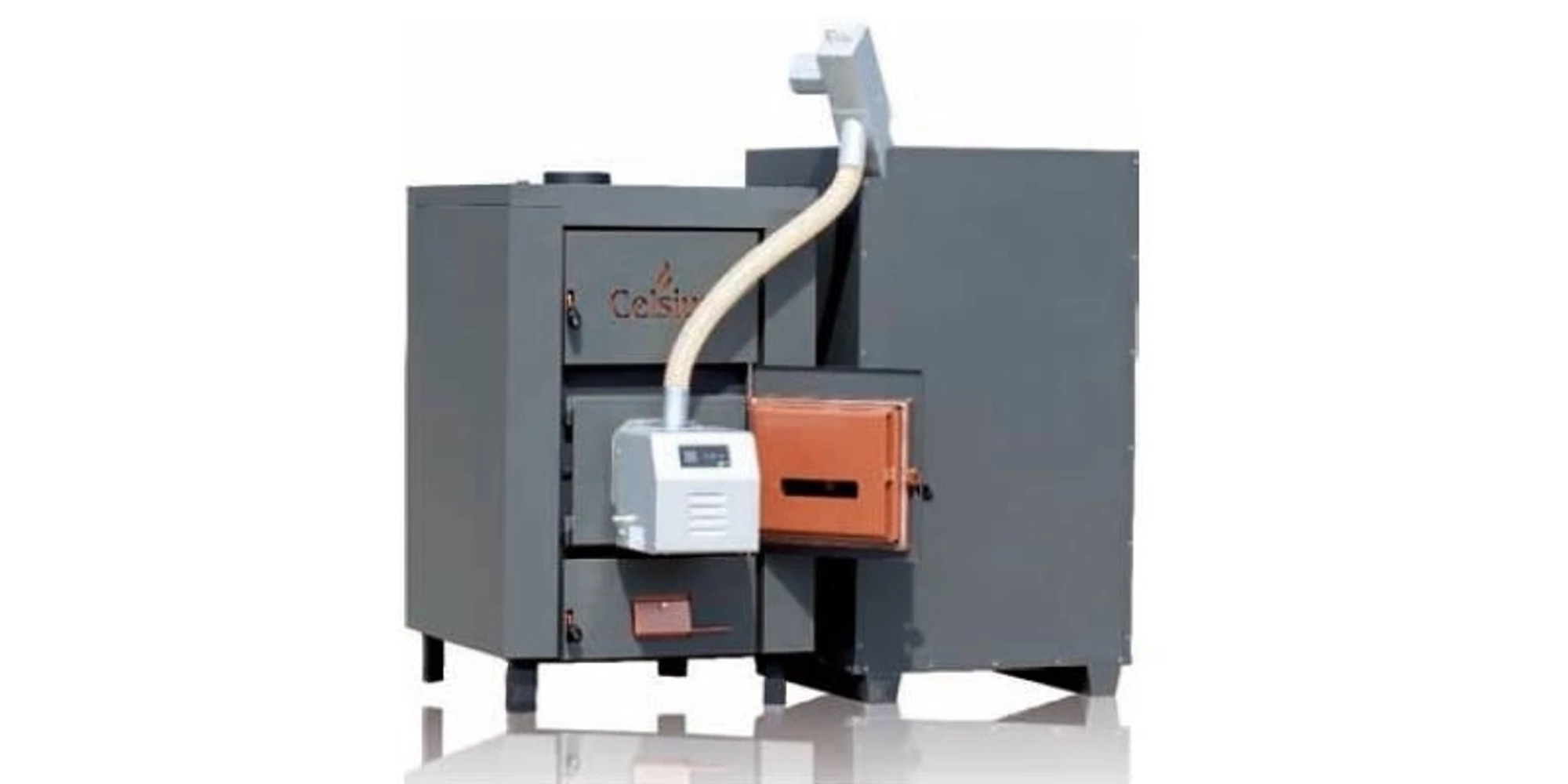Cazan pe biomasa nelemnoasa CELSIUS Combi, 50–56 kW, otel, functionare pe lemn si peleti, eficienta 88–92% [2]