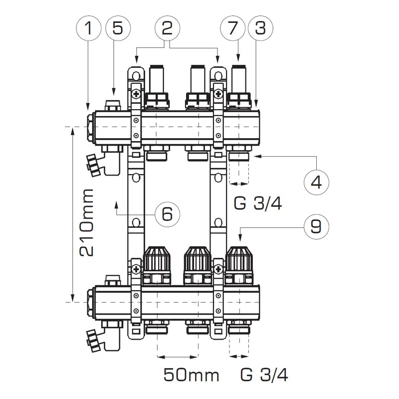 Distribuitor/colector 1" din alama, 2 circuite 3/4", cu debitmetre, robineti termostatati si robineti olandezi [2]