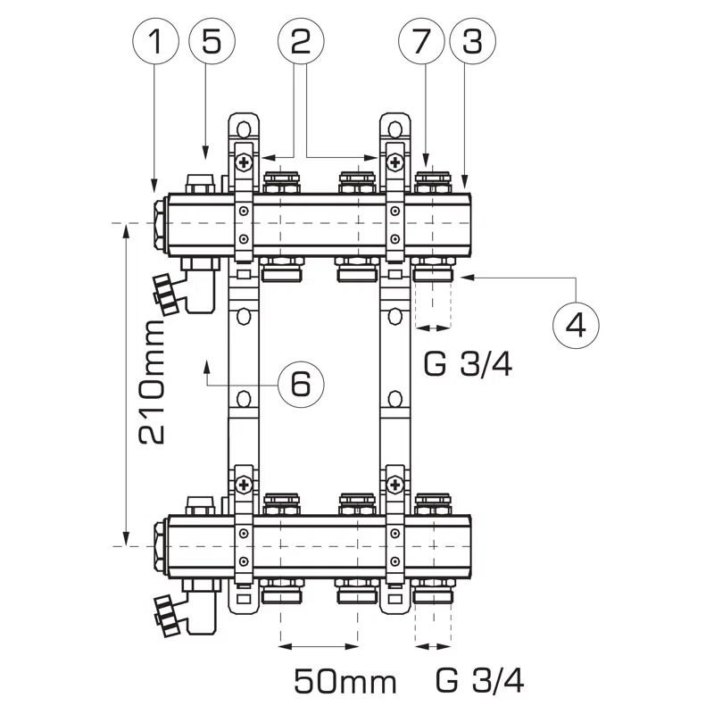 Distribuitor/colector 1" din alama, 4 circuite 3/4", cu ventile de inchidere [2]