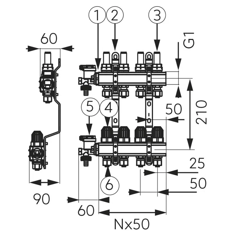 Distribuitor/colector 1" din alama, 8 circuite, cu debitmetre, robineti termostatati si racorduri pentru teava multistrat [2]