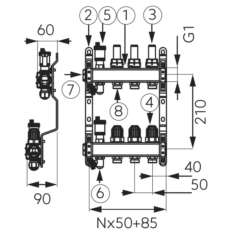 Distribuitor/colector 1" din inox, 4 circuite, cu debitmetre si robineti termostatati [2]