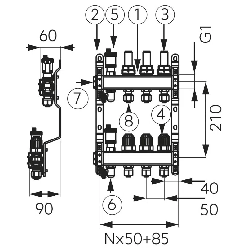 Distribuitor/colector 1" din inox, 5 circuite, cu debitmetre si robineti termostatati [2]