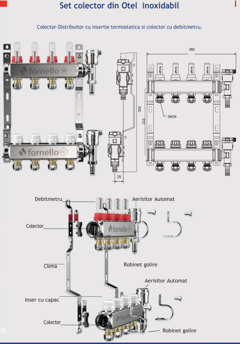 Distribuitor-Colector Fornello 5 căi, inox, 1", cu debitmetre, robineți și aerisitoare [7]