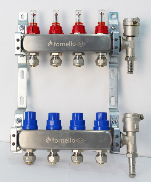 Distribuitor-Colector Fornello 5 căi, inox, 1", cu debitmetre, robineți și aerisitoare [2]