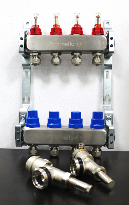 Distribuitor-Colector Fornello 5 căi, inox, 1", cu debitmetre, robineți și aerisitoare [3]