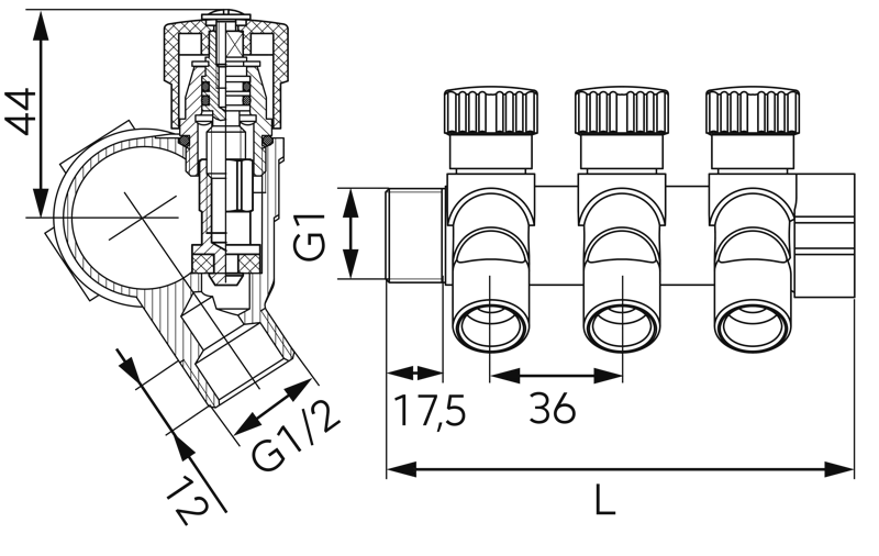 Distribuitor sanitar modular 1" x 1/2", 4 circuite [2]